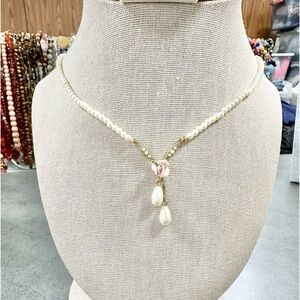 1928 Collection Faux Pearl Dangle Beaded Gold Tone Necklace With porcelain Rose.